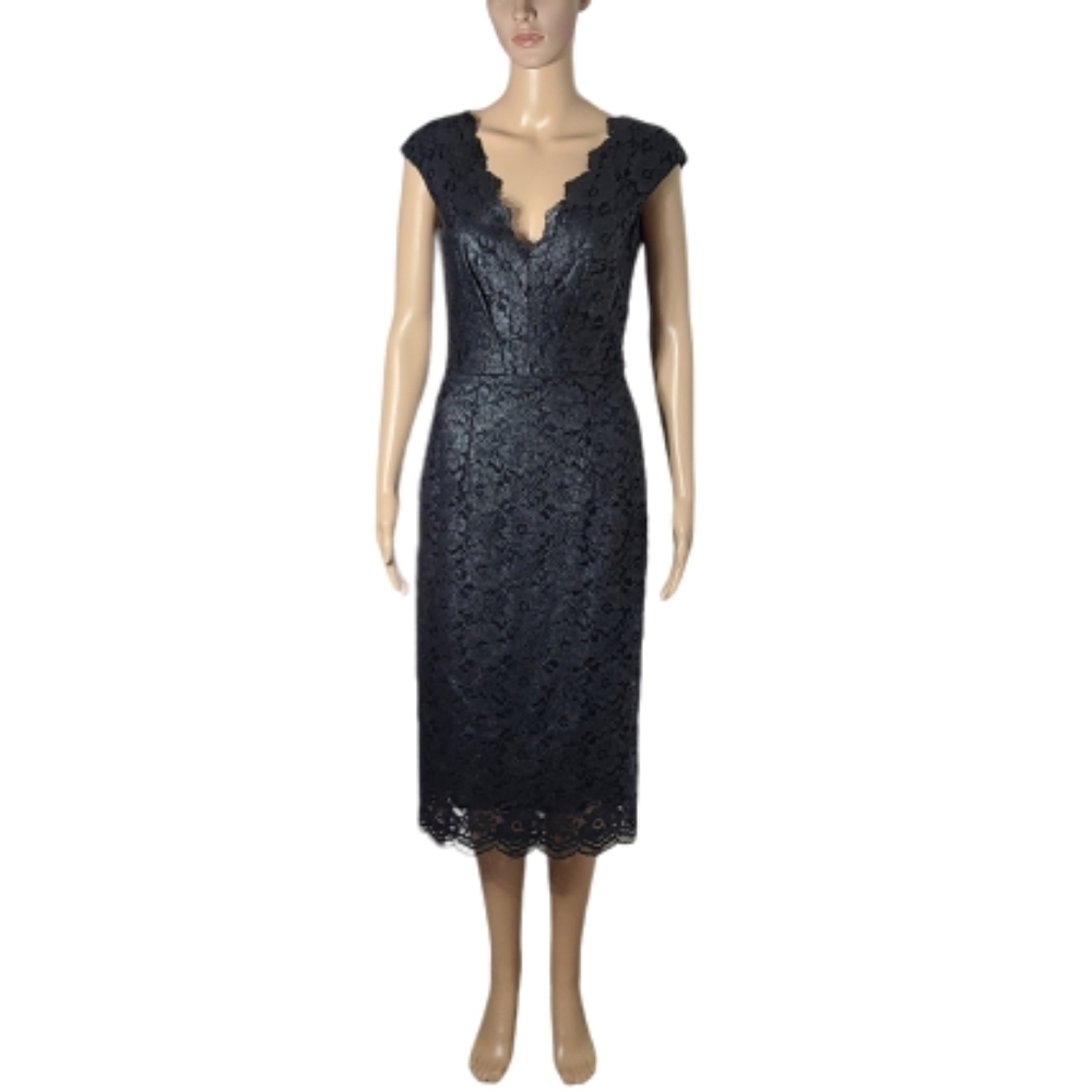 PLEIN SUD Black Scalloped Floral Lace Midi Sheath Dress Women's Size EU42/US 8